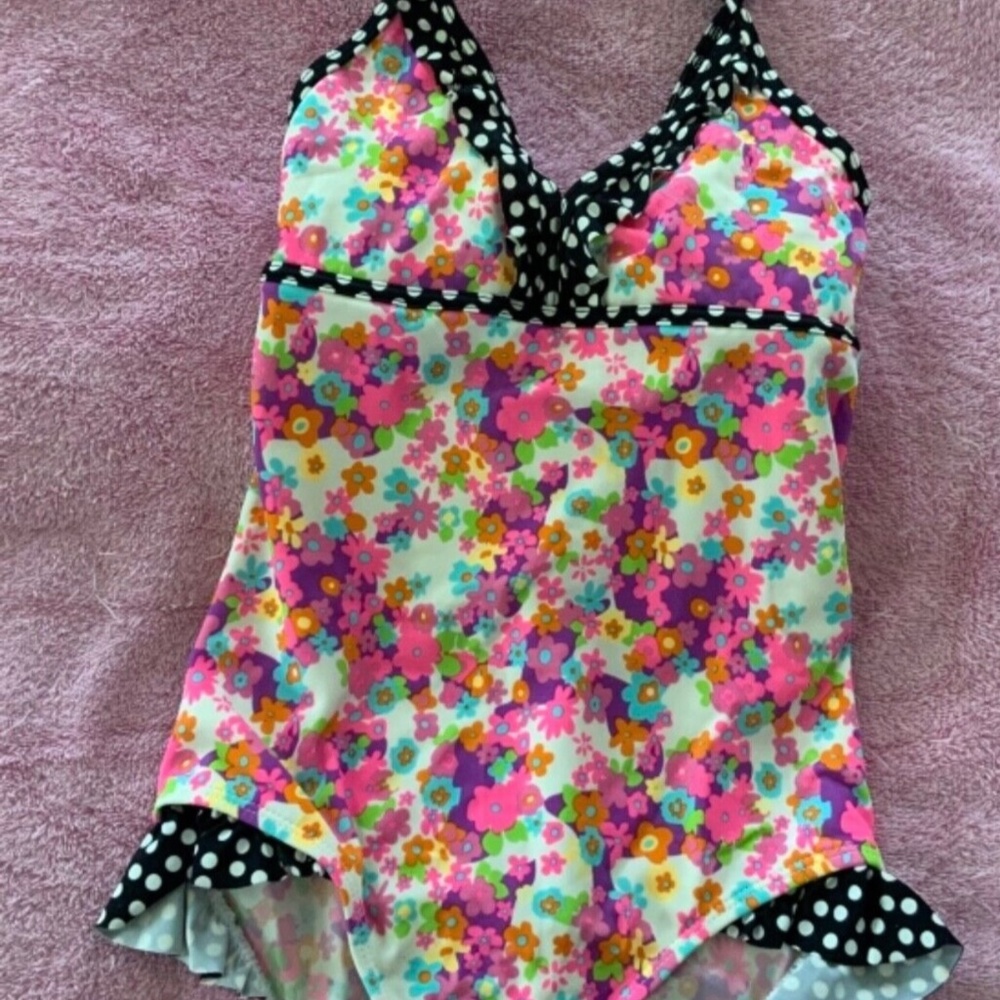 Girl  Floral One Piece Swim Suit Size 10 12 Large READ Pink Purple Black Flower